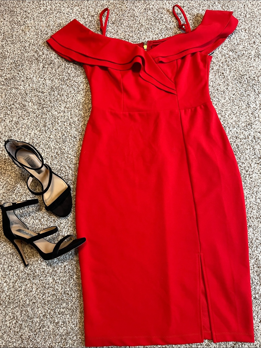 Red Off-Shoulder Ruffle Midi Dress with Spaghetti Straps
